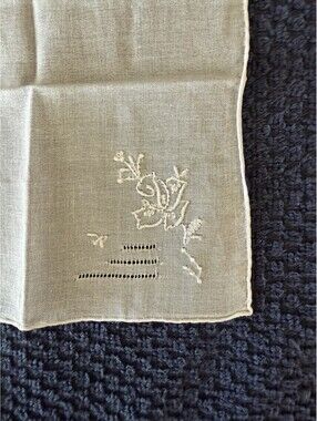 Vintage Handkerchief White Embroidered Rose Floral Design Square